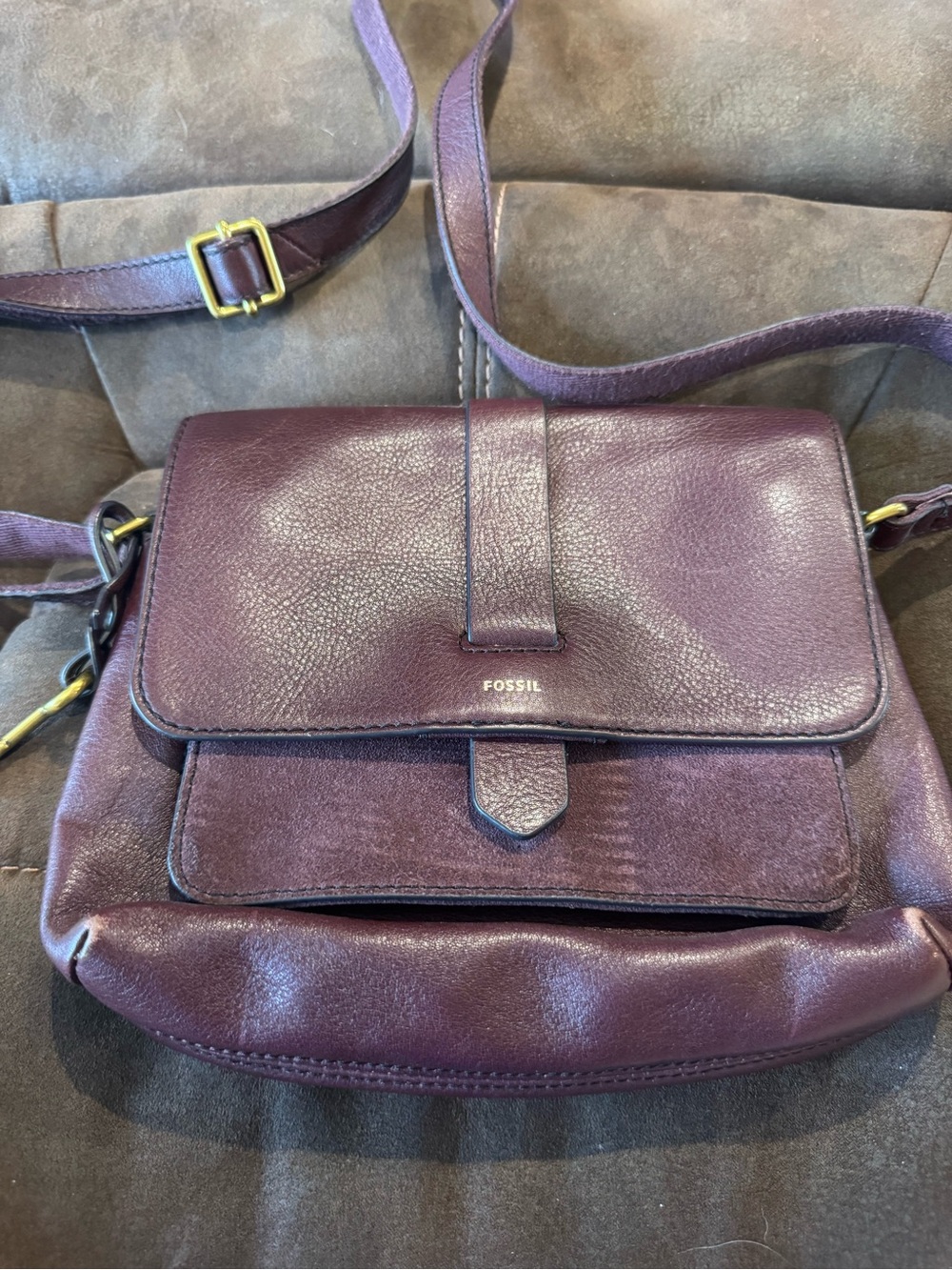 Fossil Plum Leather Crossbody Bag with Gold-Tone Hardware
